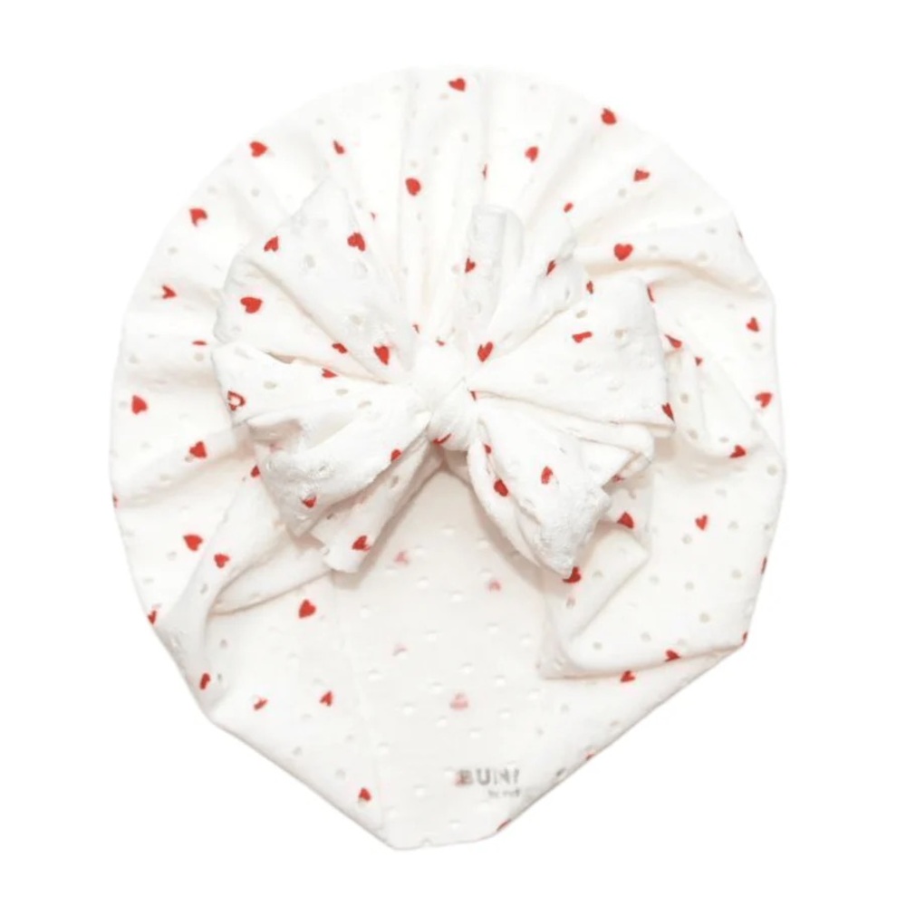 Bunnyknots Baby Bow Turban Hat - White with Mini Red Hearts ages 1-4